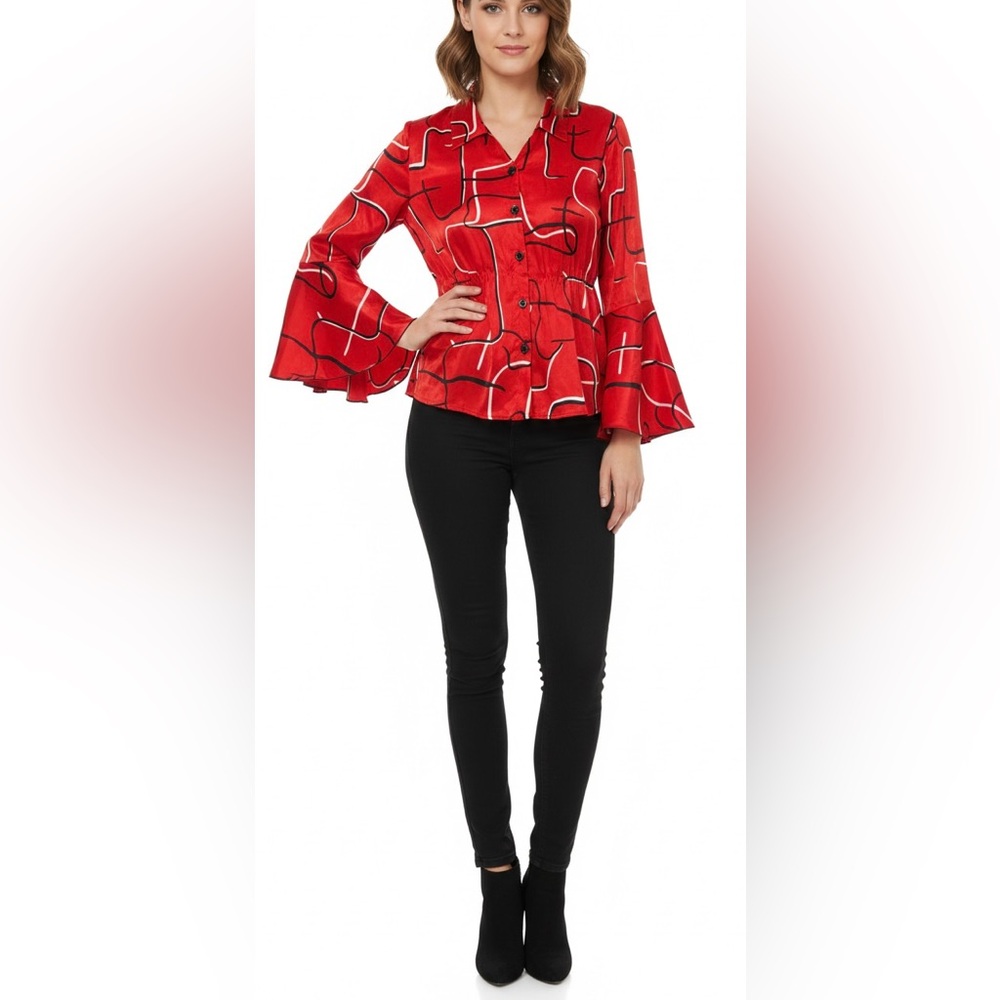 dressbarn Red and Black Abstract Blouse